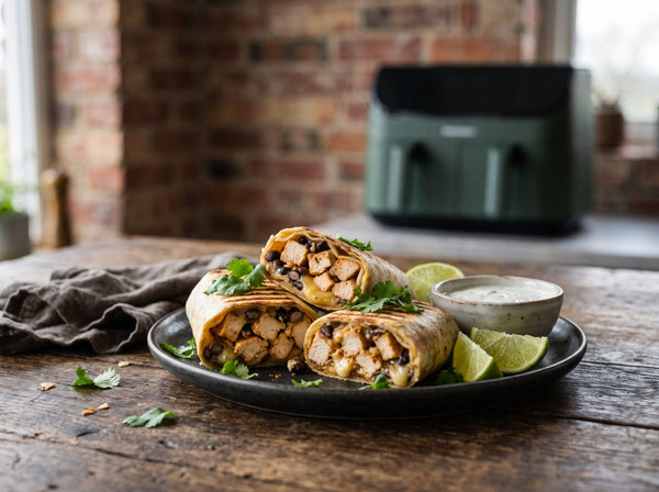 High-Protein Hähnchen-Burritos mit Bohnen & Käse aus dem Airfryer in 20 Min