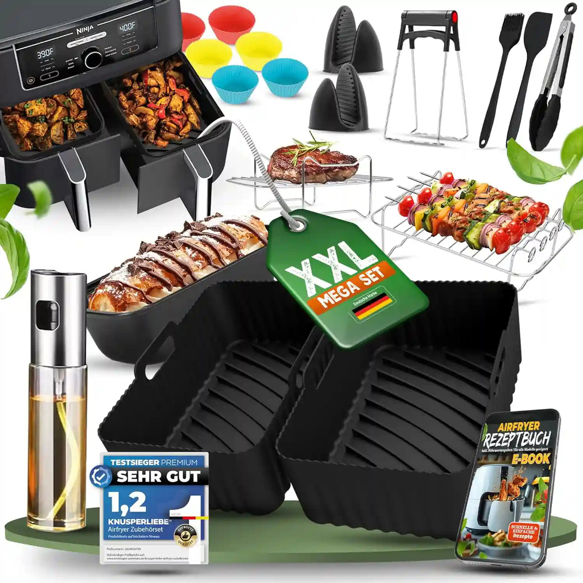 Ninja Heißluftfritteuse Zubehör-Set XXL: 2 Silikonformen, Muffinförmchen, Grillroste, Spieße, Ofenhandschuhe, Zange, Ölsprüher und Rezept-E-Book