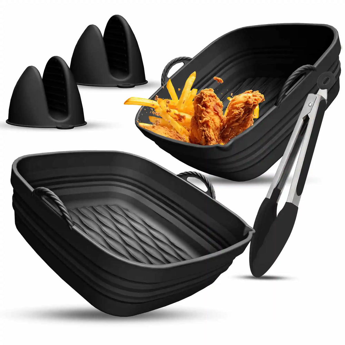 Faltbare Silikonformen für eckige Airfryer in Midnight Black mit Zange und Ofenhandschuhen