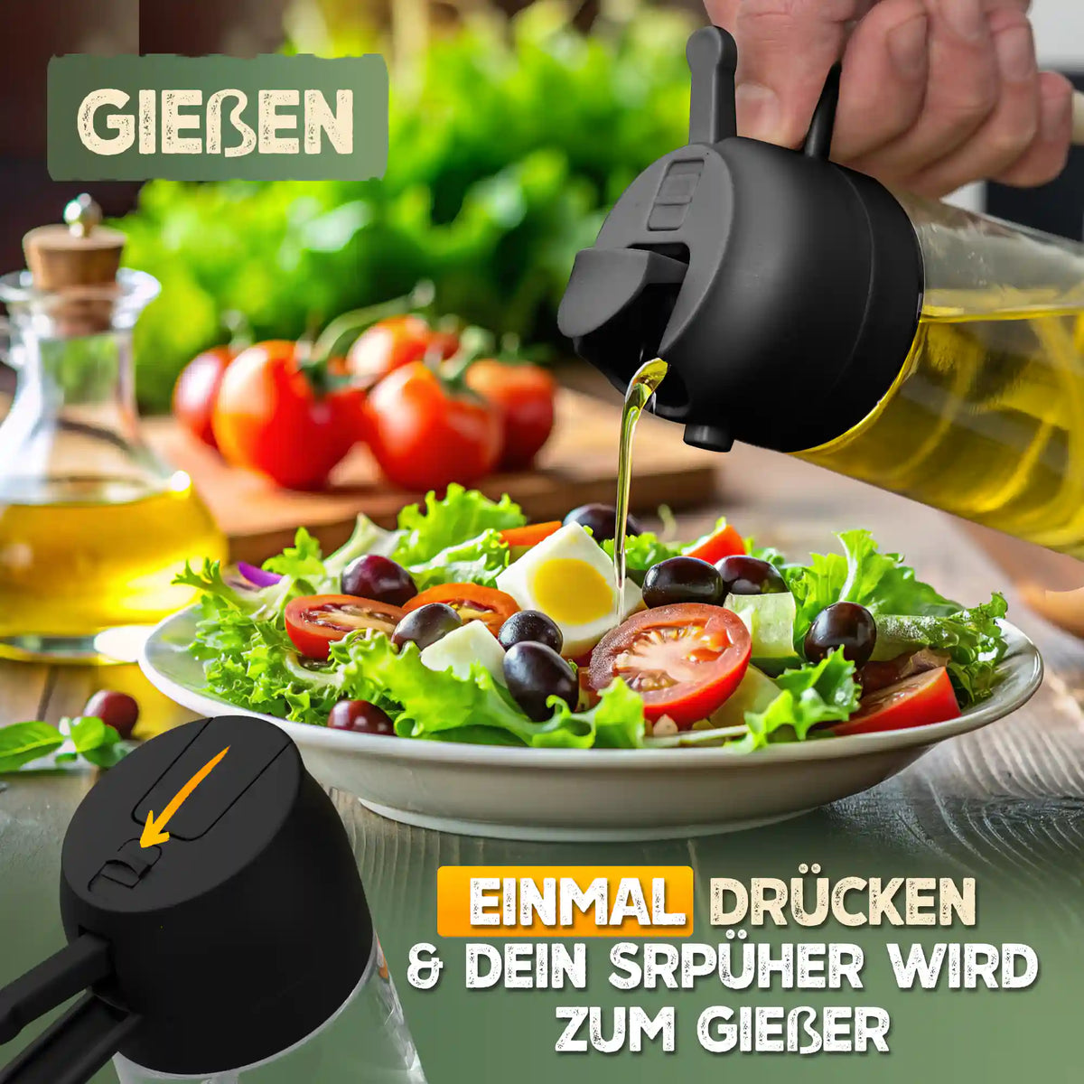 KNUSPERLIEBE Ölsprüher im Gießmodus über einem Salat – einmal drücken und der Sprüher wird zum Gießer