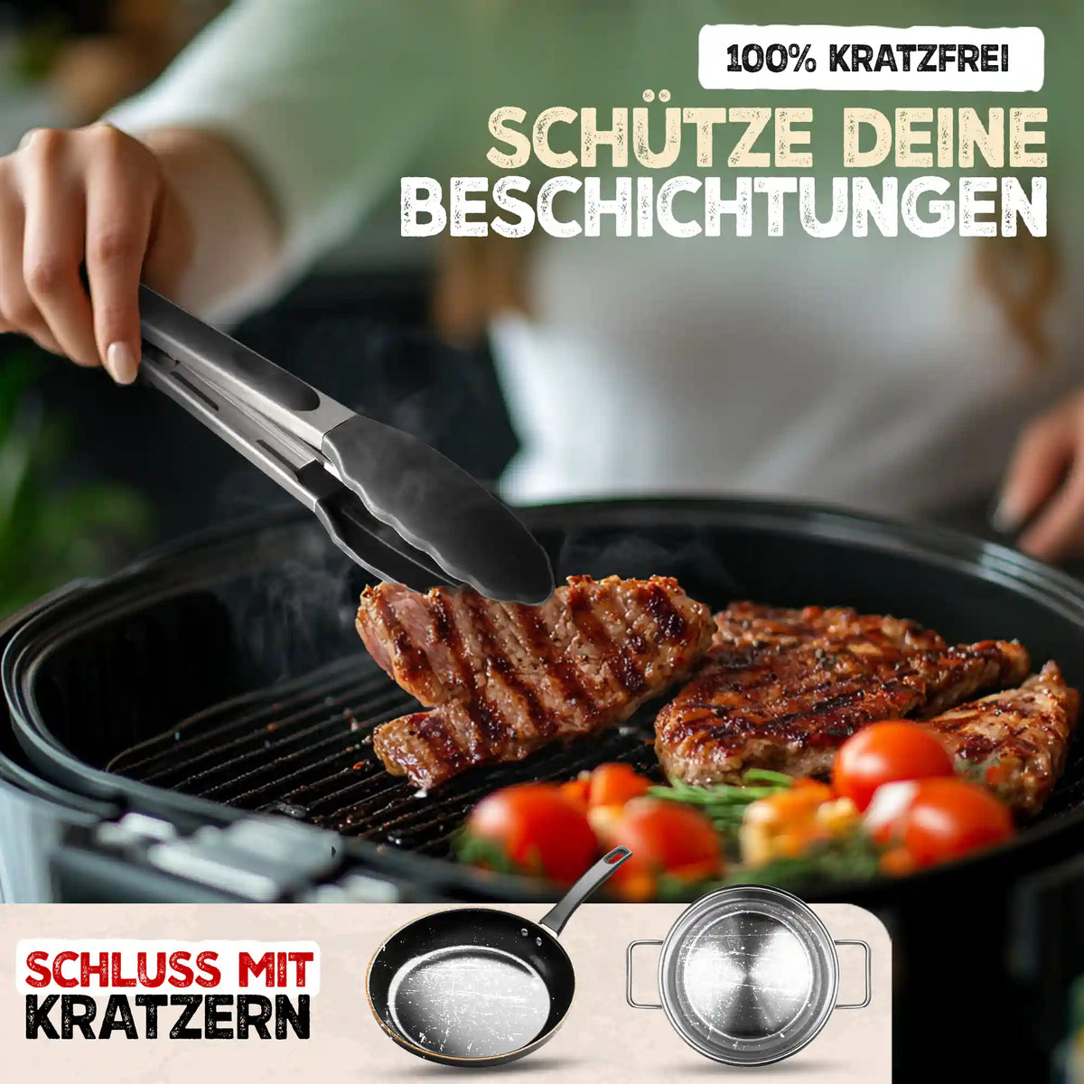 KNUSPERLIEBE Küchenzange mit Silikonköpfen: schützt die Beschichtung, 100 % kratzfrei