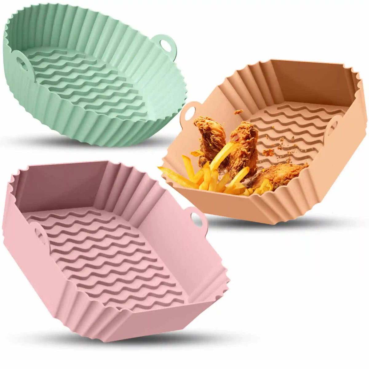 3er Set Silikonformen für Airfryer in Mint, Apricot und Rosa – rund und eckig