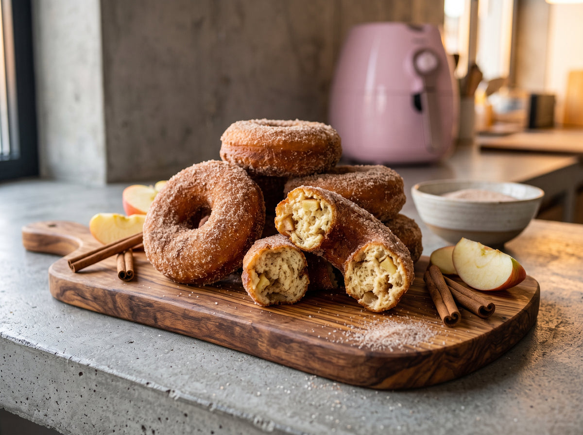 Apfel-Zimt-Donuts aus dem Airfryer – angerichtet auf einem Olivenholzbrett, im Hintergrund eine Heißluftfritteuse