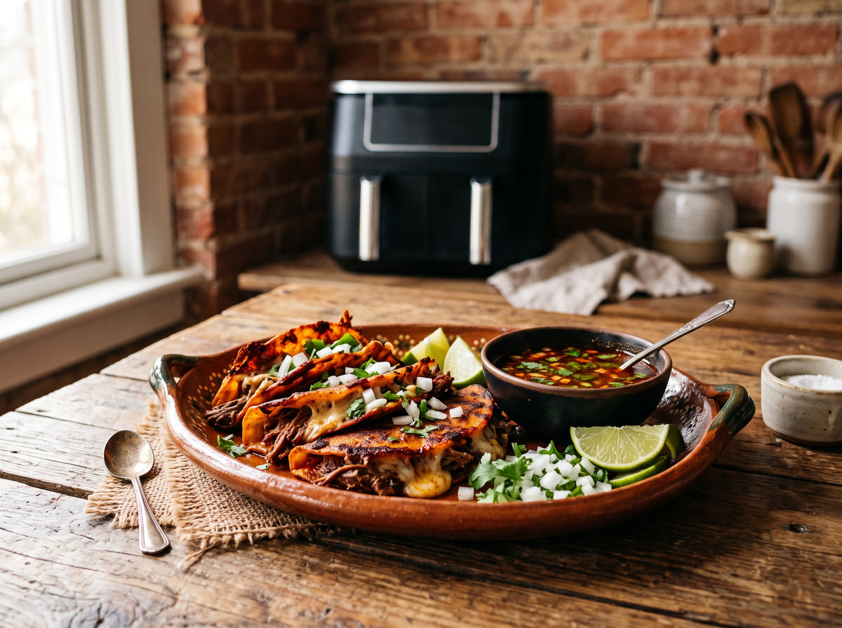 Birria Tacos mit Consommé aus dem Airfryer – angerichtet in einer Terrakotta-Form, im Hintergrund eine Heißluftfritteuse