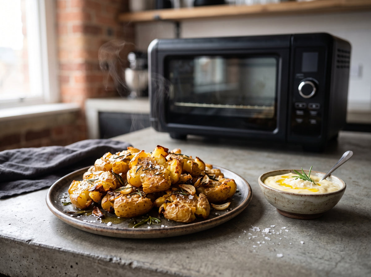 Crispy Smashed Potatoes mit Aioli aus dem Airfryer – angerichtet auf einem Steingutteller, im Hintergrund eine Heißluftfritteuse