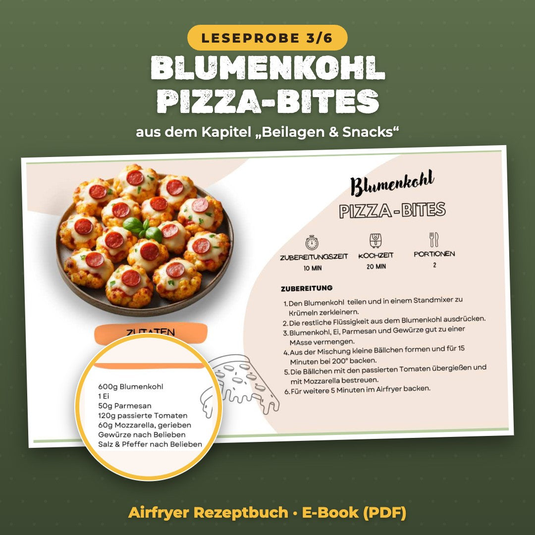 Leseprobe Airfryer Rezept Blumenkohl Pizza-Bites