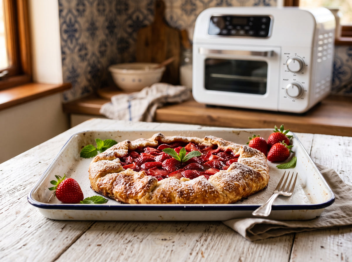 Rustikale Erdbeer-Galette aus dem Airfryer – angerichtet auf einem Emaille-Blech, im Hintergrund eine Heißluftfritteuse