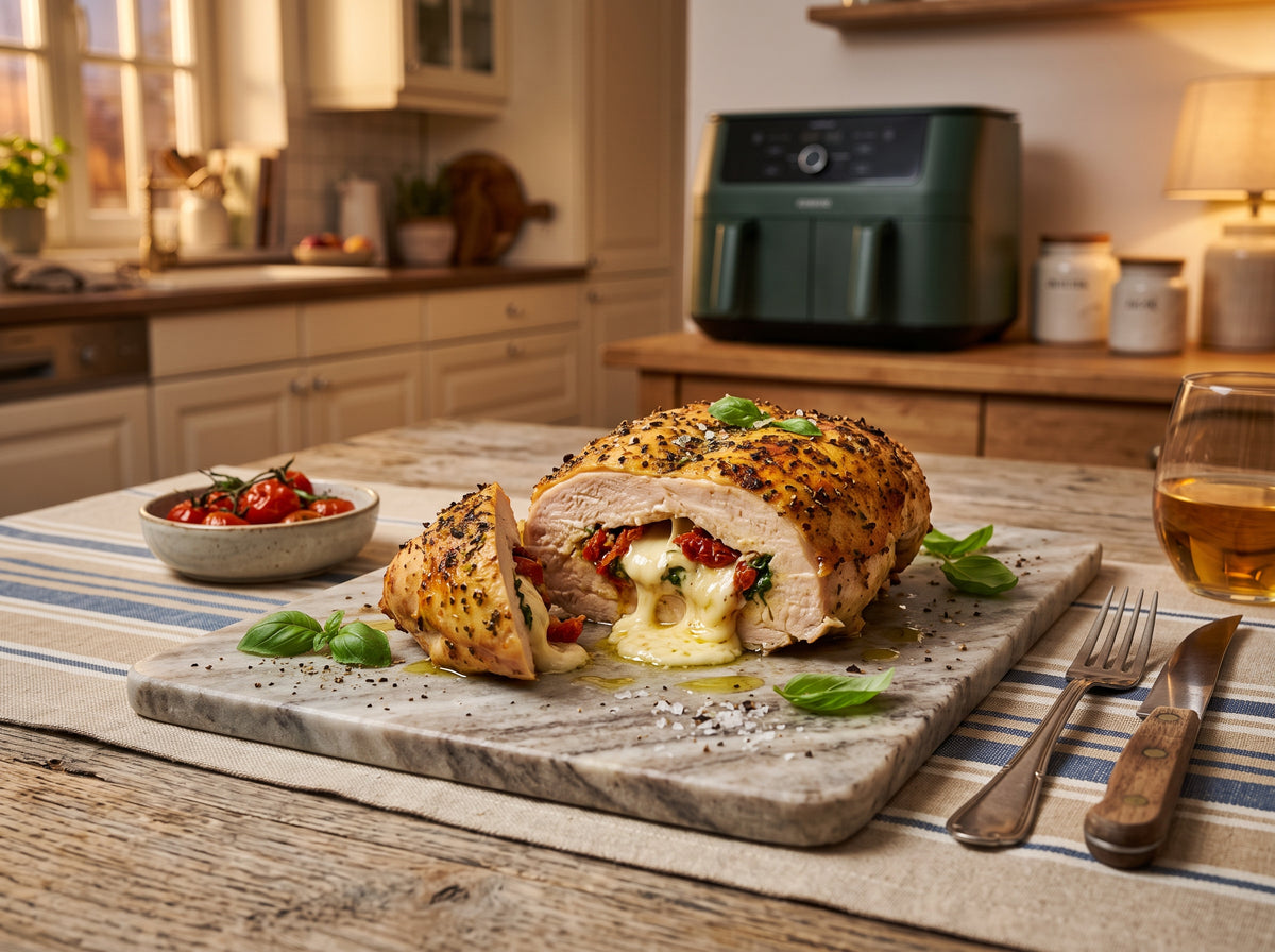 Gefüllte Hähnchenbrust mit Mozzarella aus dem Airfryer – angerichtet auf einer Marmorplatte, im Hintergrund eine Heißluftfritteuse