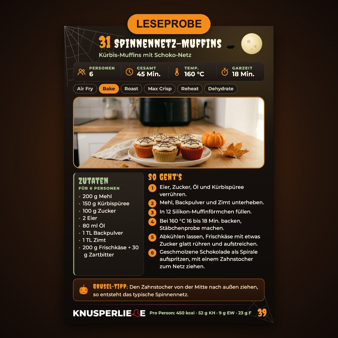 Leseprobe Airfryer Rezept Kürbis-Muffins mit Schoko-Spinnennetz