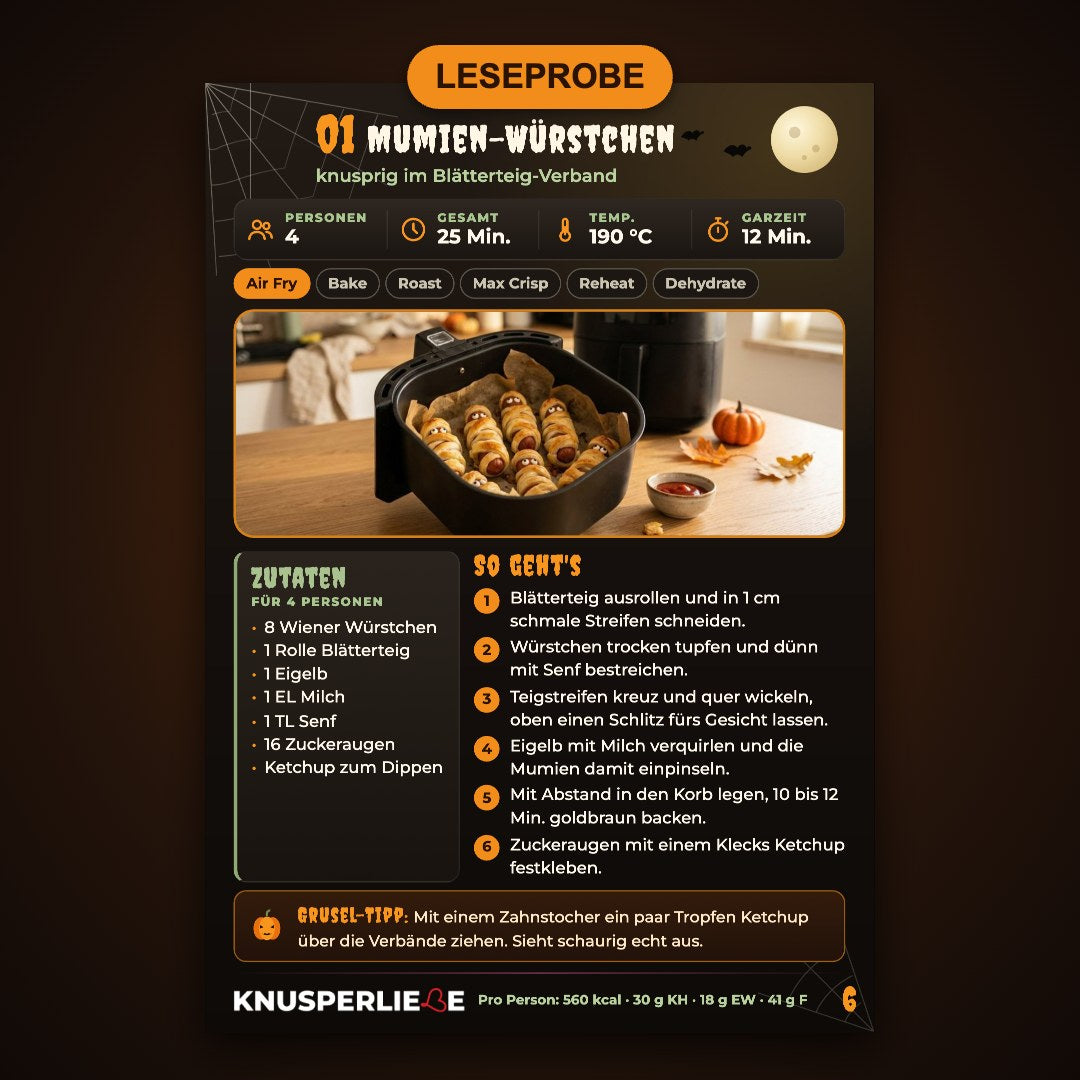 Leseprobe Airfryer Halloween Rezept Mumien-Würstchen im Blätterteig