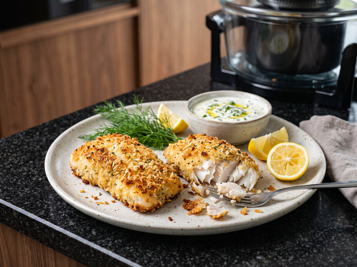 Knuspriger Kabeljau im Parmesan-Mantel aus dem Airfryer – angerichtet auf einem gesprenkelten Keramikteller, im Hintergrund eine Heißluftfritteuse