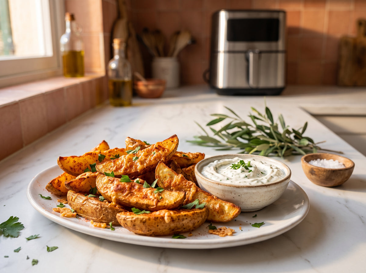 Knusprige Kartoffel-Wedges mit Paprika und Parmesan aus dem Airfryer – angerichtet auf einem weißen Porzellanteller, im Hintergrund eine Heißluftfritteuse