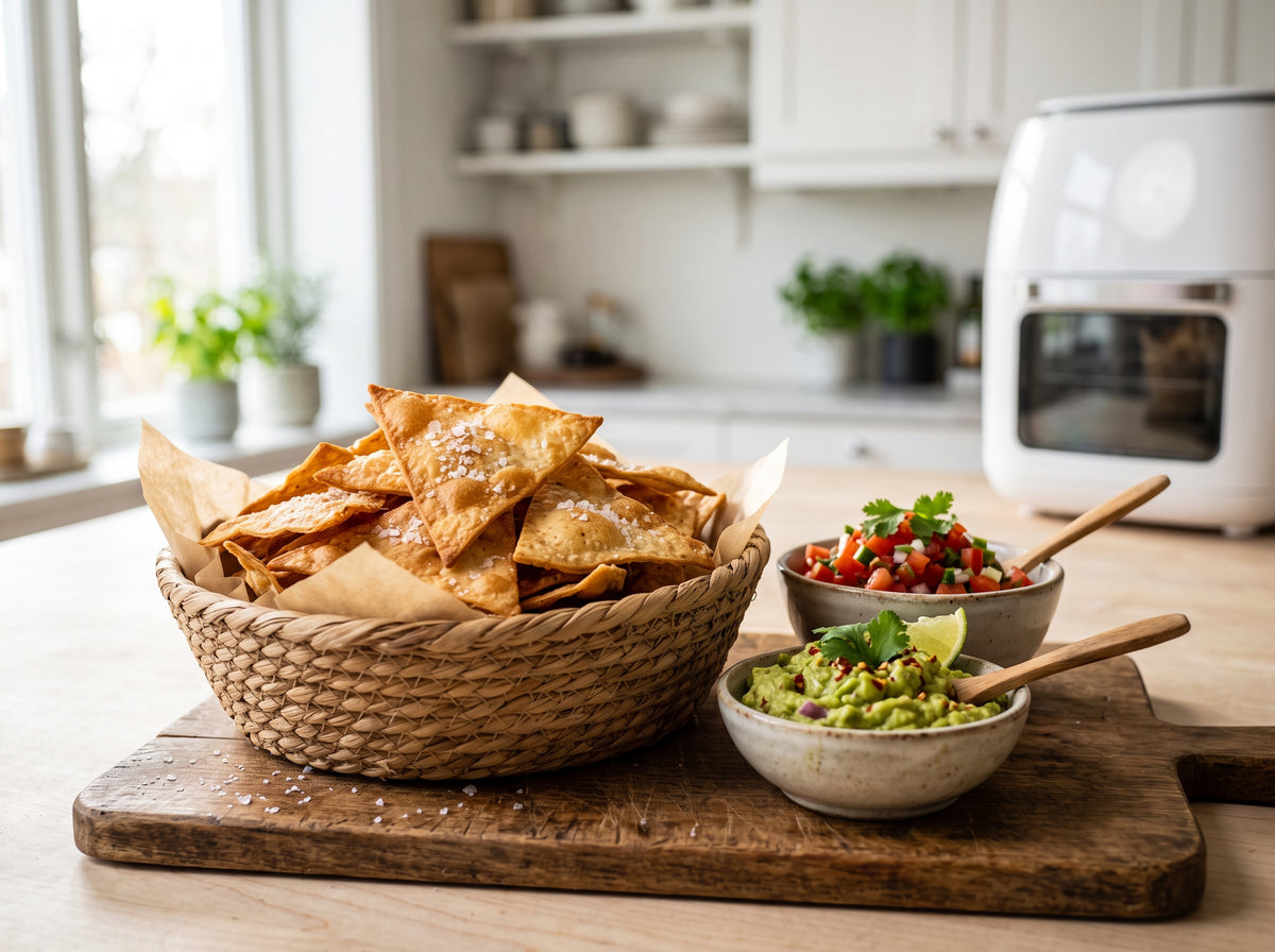 Knusprige Tortilla-Chips mit Salsa und Guacamole aus dem Airfryer – angerichtet auf einem Holzbrett, im Hintergrund eine Heißluftfritteuse