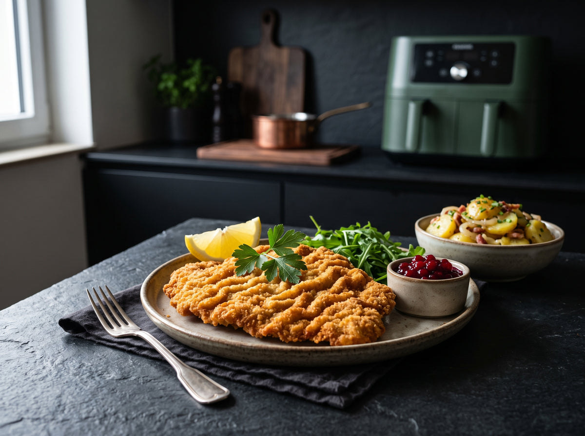 Knuspriges Putenschnitzel mit Zitrone und Kartoffelsalat aus dem Airfryer – angerichtet auf einem Steingutteller, im Hintergrund eine Heißluftfritteuse