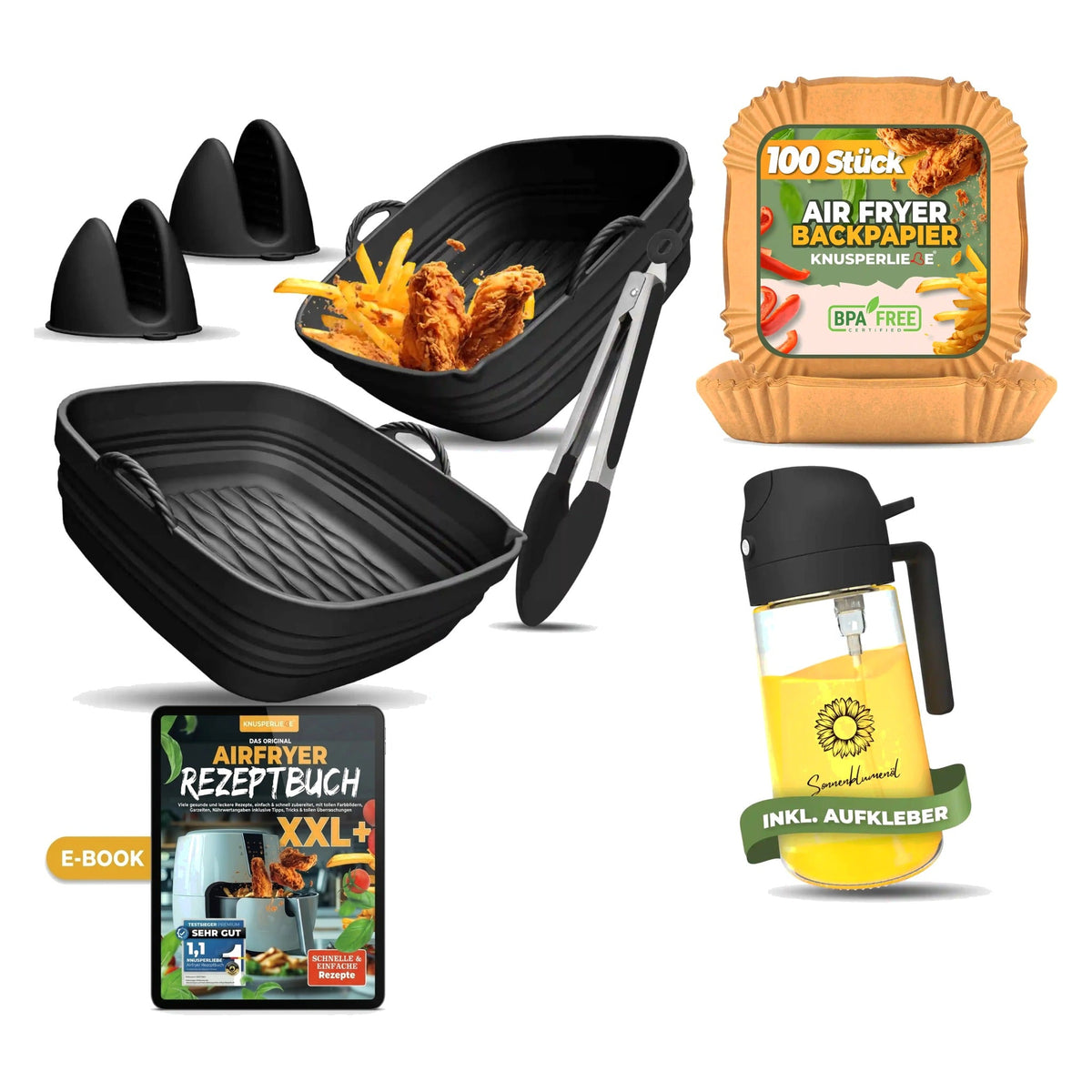 Komplett-Set für eckige Airfryer: faltbare Silikonformen, Backpapier eckig, Ölsprüher und Airfryer E-Book