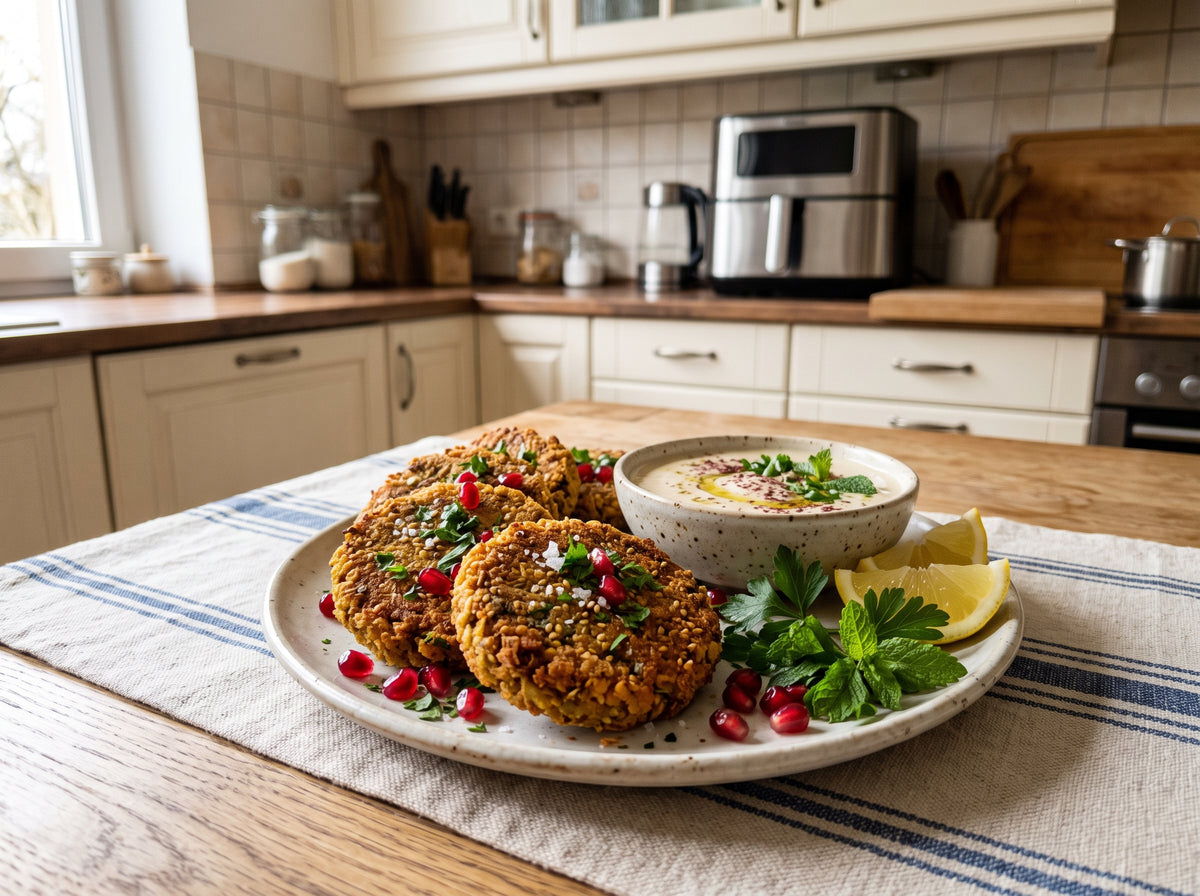 Linsen-Bratlinge mit Tahini-Dip aus dem Airfryer – angerichtet auf einem Steingutteller, im Hintergrund eine Heißluftfritteuse