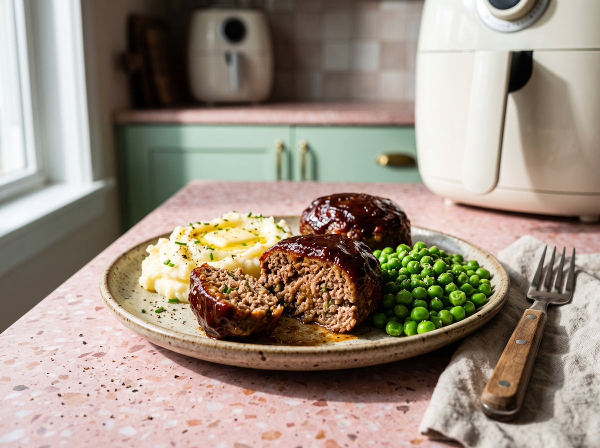 Saftige Mini-Hackbraten mit Glasur, Kartoffelpüree und Erbsen aus dem Airfryer – angerichtet auf einem Steingutteller, im Hintergrund eine Heißluftfritteuse