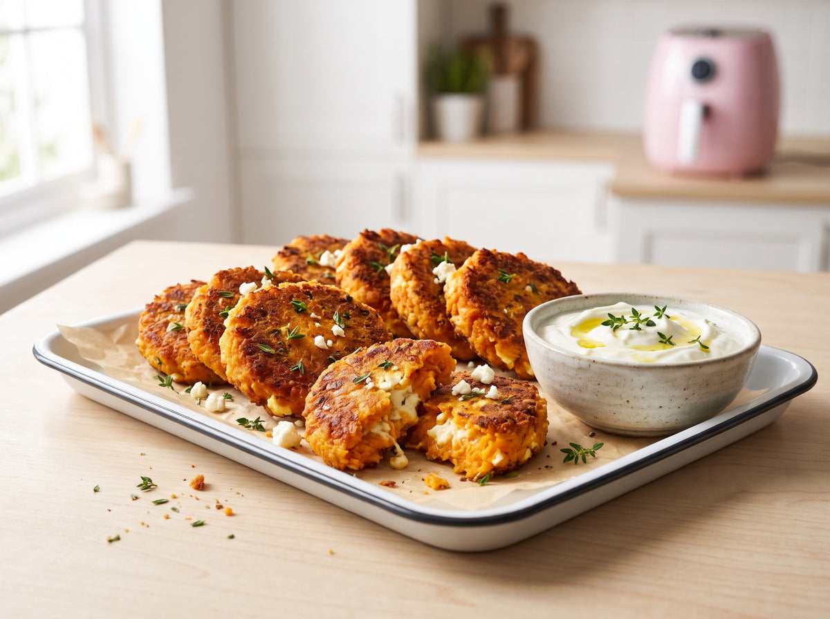 Süßkartoffel-Feta-Taler mit Thymian-Dip aus dem Airfryer – angerichtet auf einem weißen Emaille-Tablett, im Hintergrund eine Heißluftfritteuse