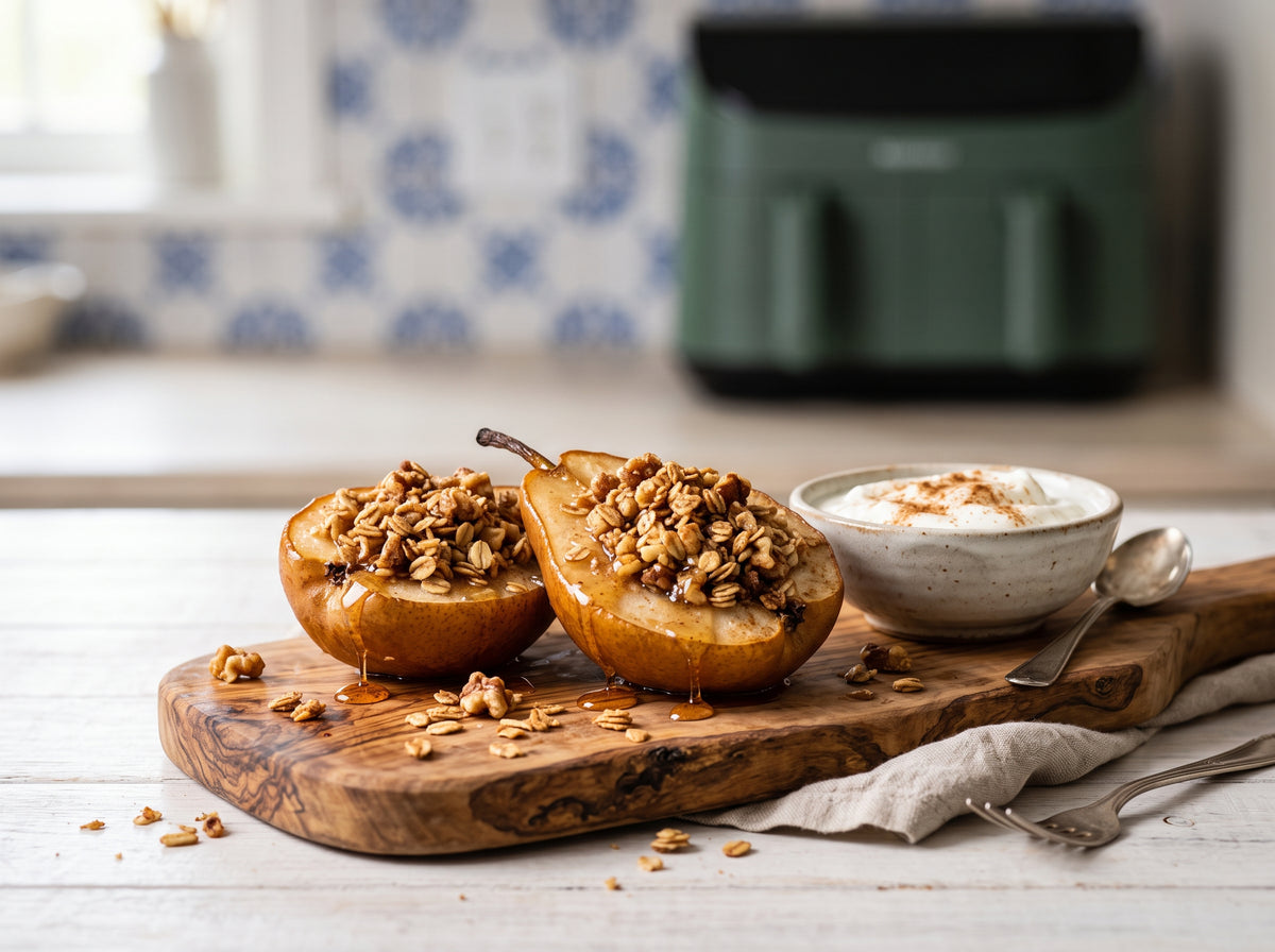 Zimt-Birnen mit Walnuss-Streusel aus dem Airfryer – angerichtet auf einem Olivenholz-Brett, im Hintergrund eine Heißluftfritteuse