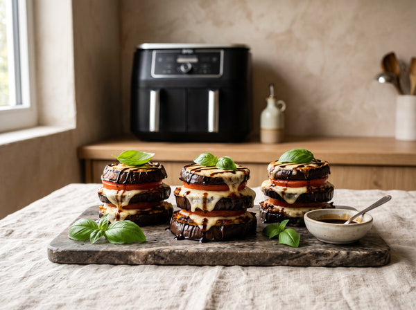 Auberginen-Türmchen mit Tomate & Mozzarella aus dem Airfryer