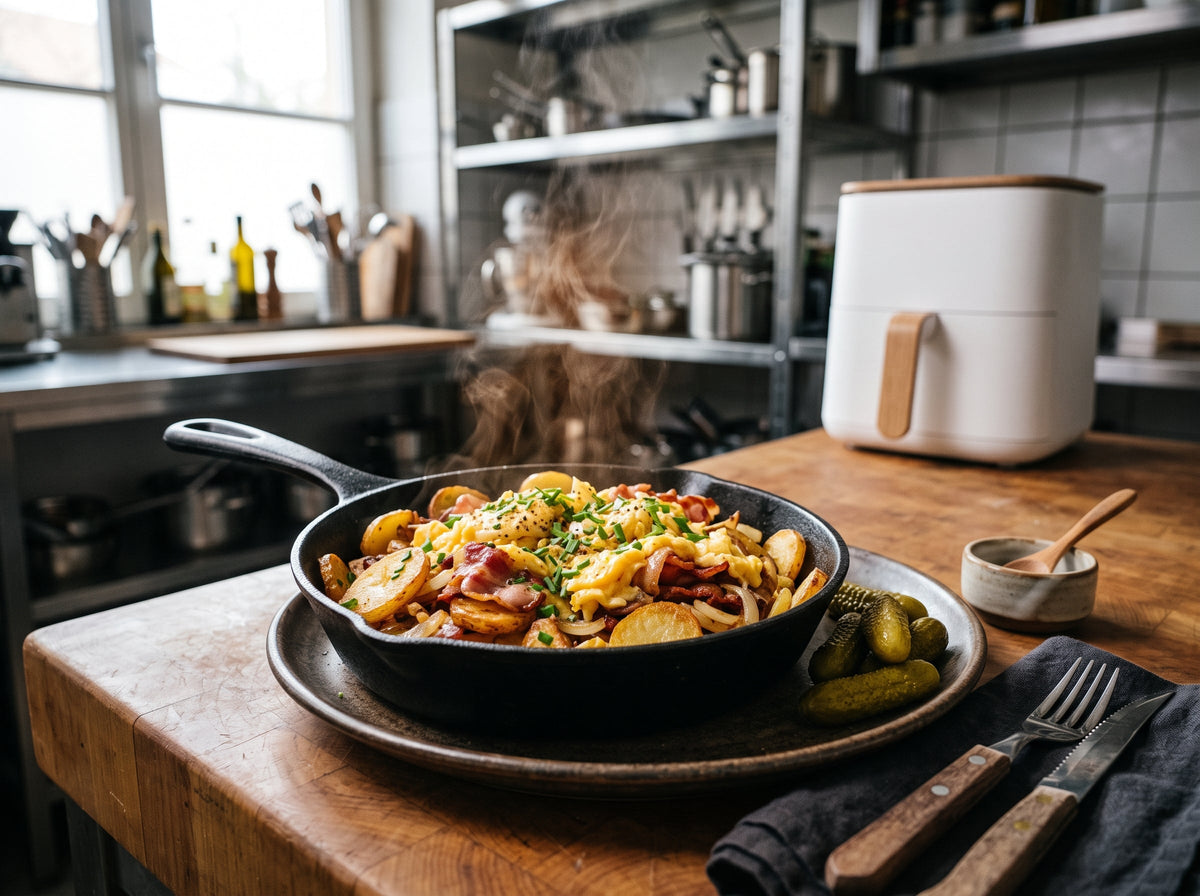 Bauernfrühstück mit Bratkartoffeln, Speck und Ei aus dem Airfryer – angerichtet in einer Gusseisenpfanne, im Hintergrund eine Heißluftfritteuse