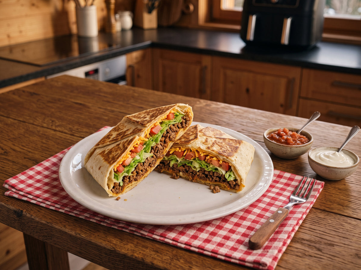 Knuspriger Crunchwrap Supreme aus dem Airfryer, halbiert – angerichtet auf einer Porzellanplatte, im Hintergrund eine Heißluftfritteuse