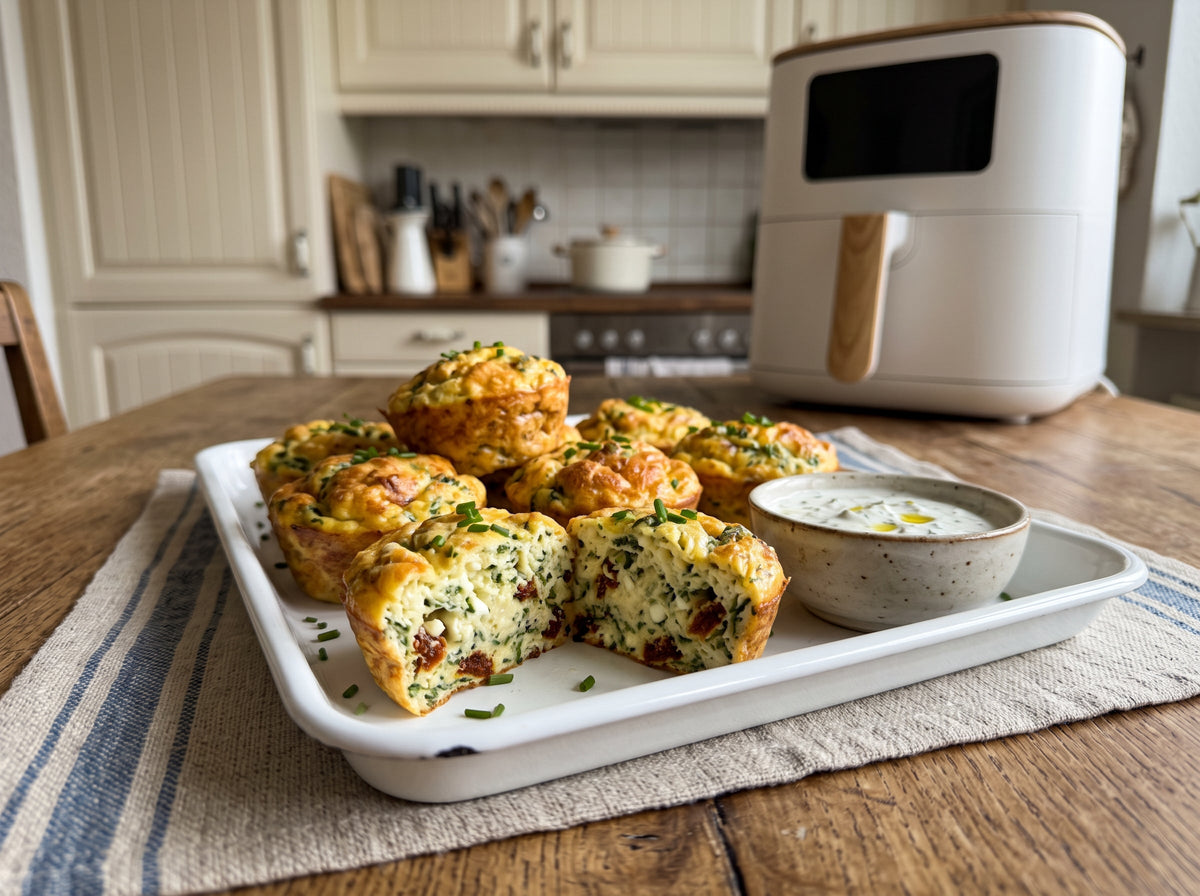 Protein Egg Bites mit Hüttenkäse und Spinat aus dem Airfryer – angerichtet auf einem weißen Emaille-Tablett, im Hintergrund eine Heißluftfritteuse