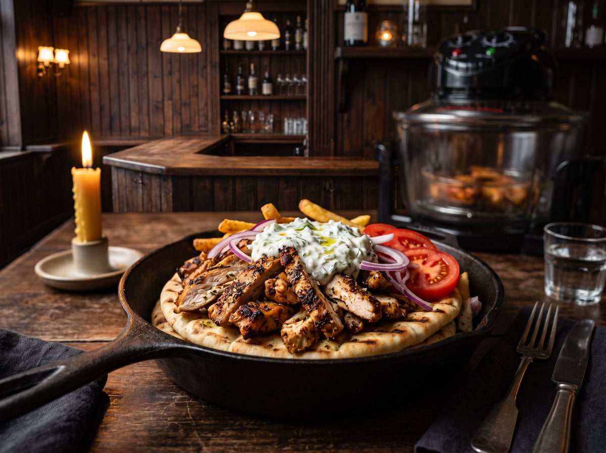 Hähnchen-Gyros mit Tzatziki und Pita aus dem Airfryer – angerichtet in einer Gusseisenpfanne, im Hintergrund eine Heißluftfritteuse