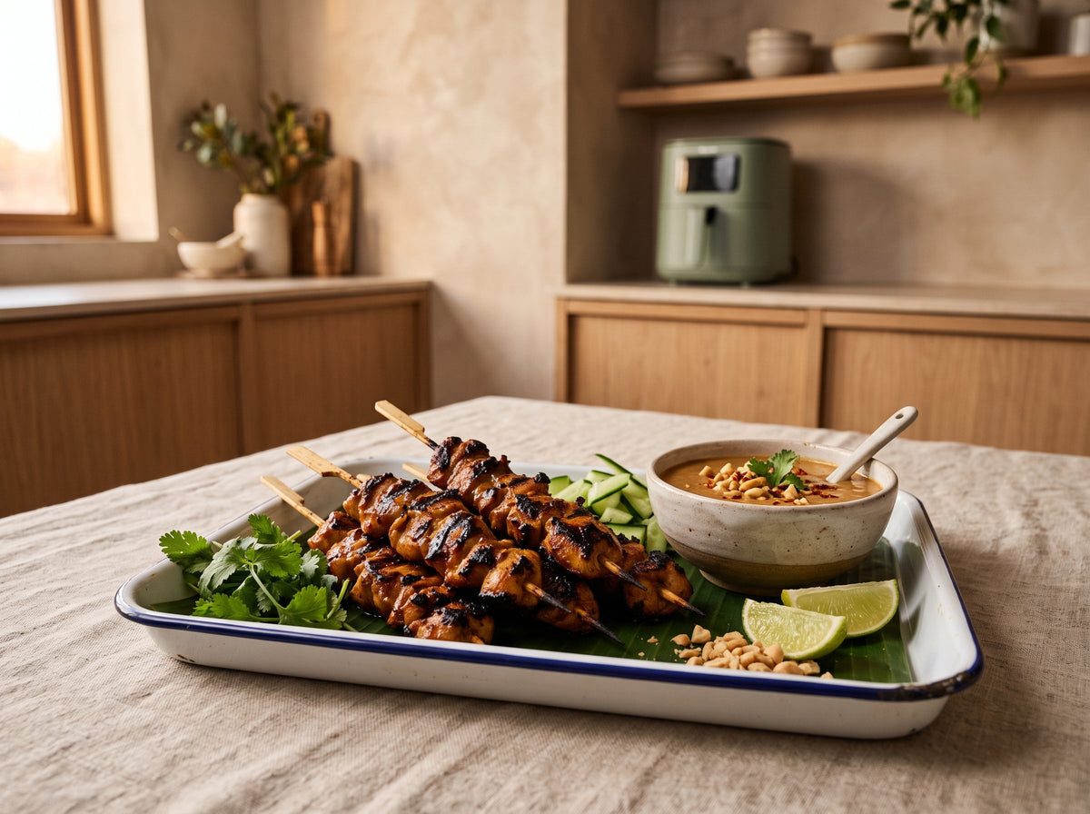 Hähnchen-Satay-Spieße mit Erdnusssauce aus dem Airfryer – angerichtet auf einem Emaille-Tablett, im Hintergrund eine Heißluftfritteuse