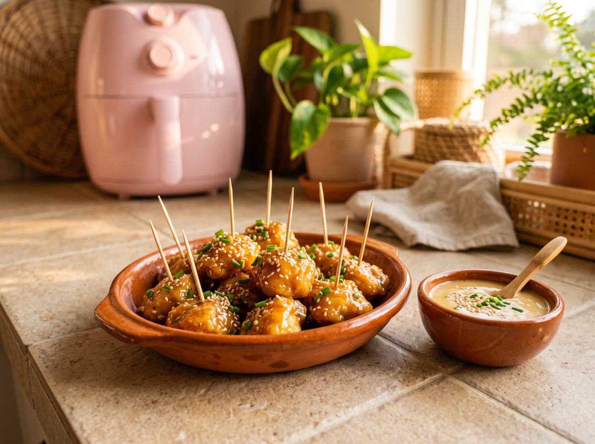 Honig-Senf-Hähnchen-Bites aus dem Airfryer – angerichtet in einer Terrakotta-Form, im Hintergrund eine Heißluftfritteuse