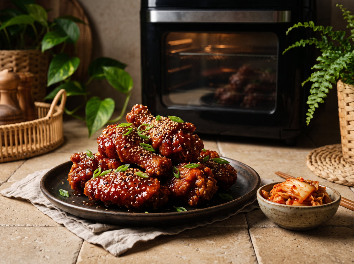Korean Fried Chicken mit Gochujang-Glasur aus dem Airfryer – angerichtet auf einem dunklen Keramikteller, im Hintergrund eine Heißluftfritteuse