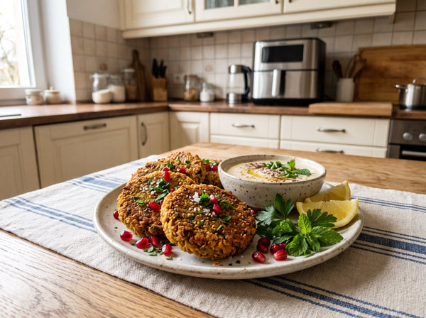 Linsen-Bratlinge mit Tahini-Dip aus dem Airfryer (28g Protein)