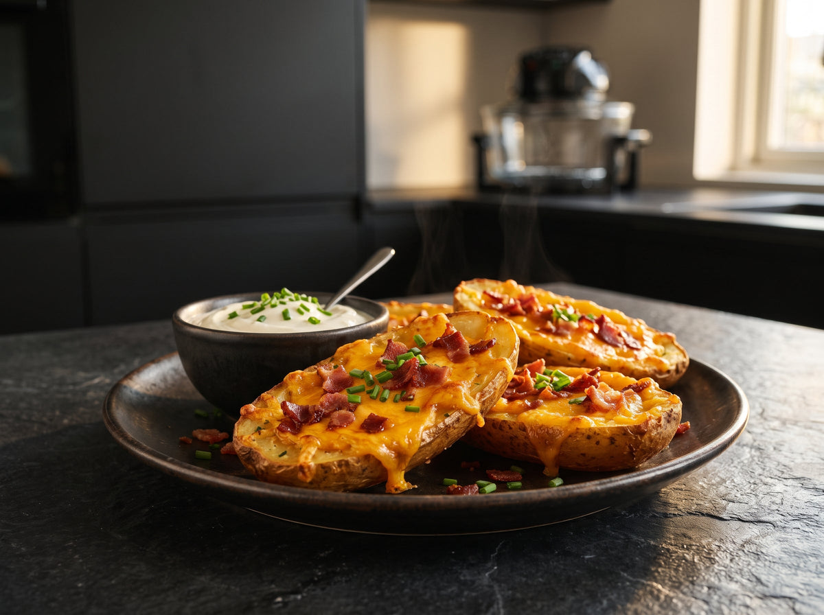 Loaded Potato Skins mit Cheddar und Speck aus dem Airfryer – angerichtet auf dunklem Keramikteller, im Hintergrund eine Heißluftfritteuse
