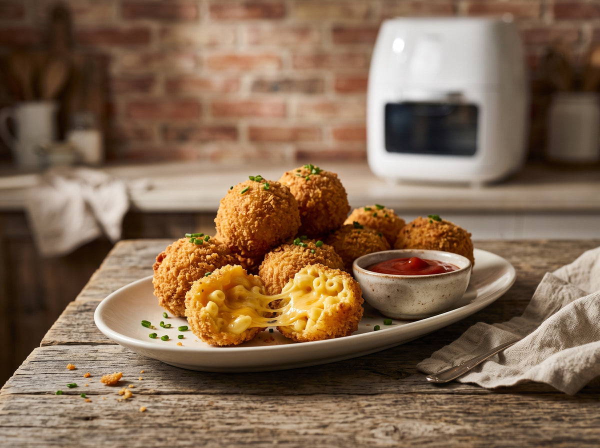 Mac-and-Cheese-Bällchen aus dem Airfryer – angerichtet auf einer weißen Porzellanplatte, im Hintergrund eine Heißluftfritteuse