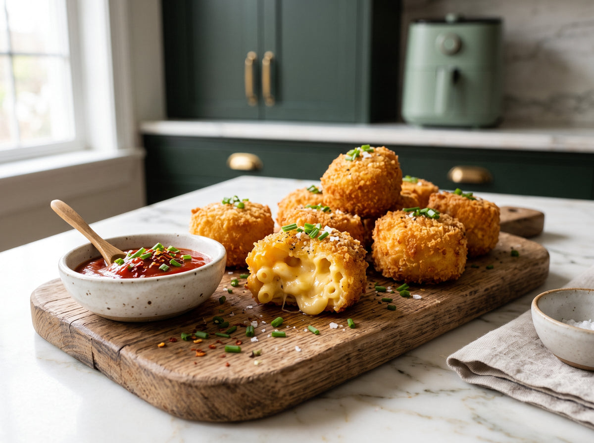 Knusprige Mac-and-Cheese-Bites mit Dip aus dem Airfryer – angerichtet auf einem Holzbrett, im Hintergrund eine Heißluftfritteuse