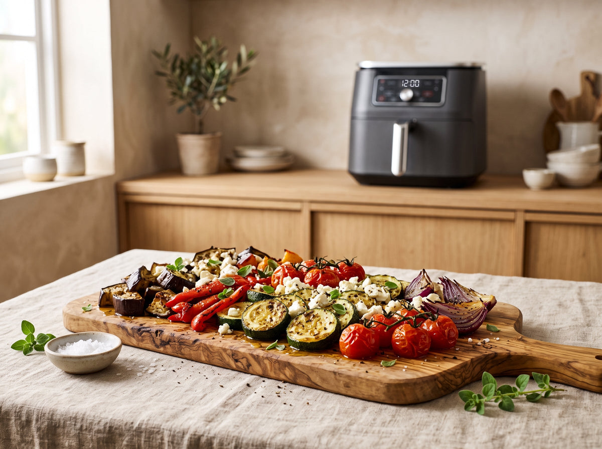 Mediterranes Antipasti-Gemüse mit Feta aus dem Airfryer – angerichtet auf einem Olivenholzbrett, im Hintergrund eine Heißluftfritteuse