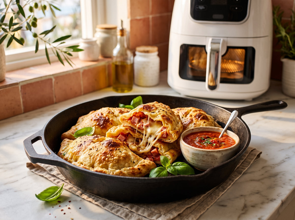 Mini-Calzone mit Schinken und Käse aus dem Airfryer – angerichtet in einer Gusseisenpfanne, im Hintergrund eine Heißluftfritteuse
