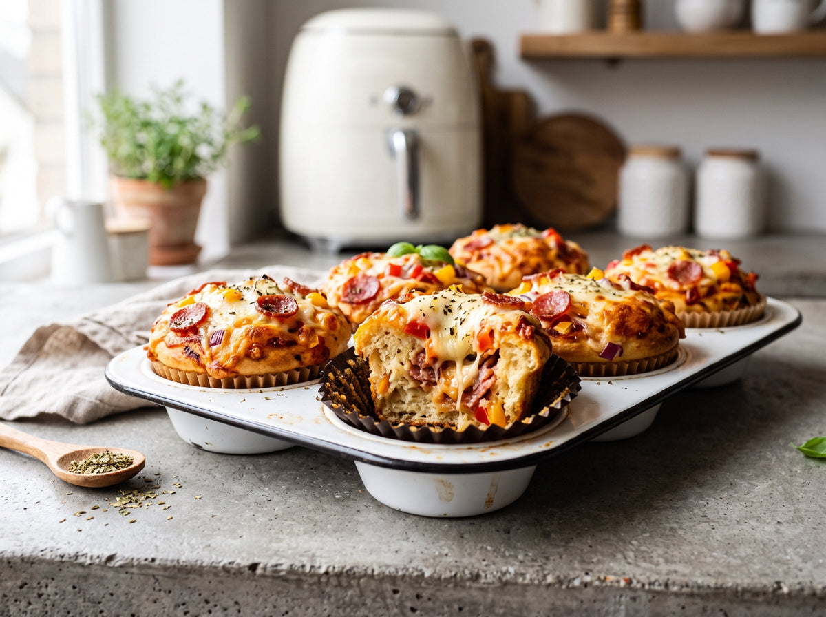 Herzhafte Pizza-Muffins mit Salami aus dem Airfryer – angerichtet auf einem Emaille-Blech, im Hintergrund eine Heißluftfritteuse