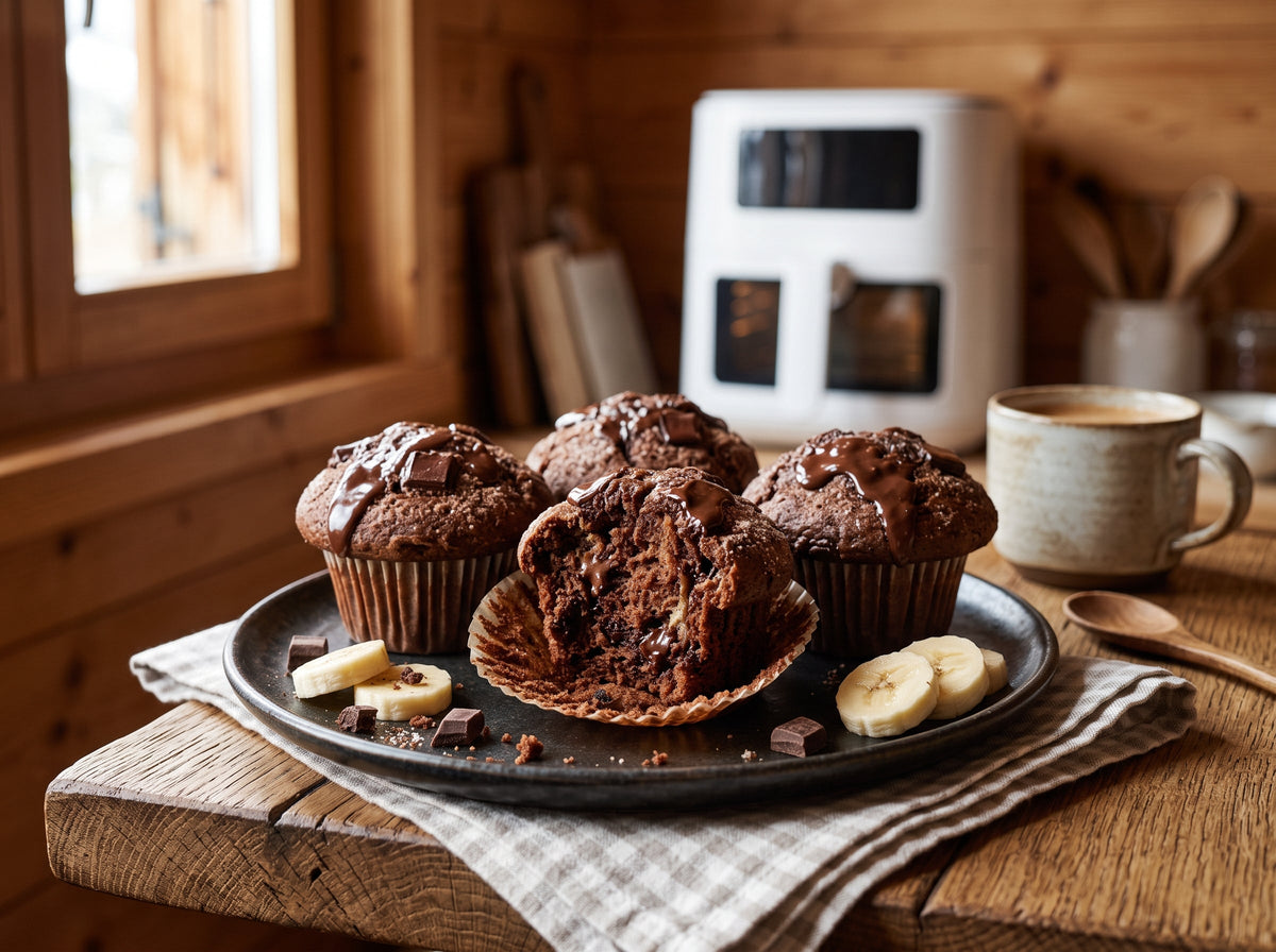 Saftige Schoko-Bananen-Muffins aus dem Airfryer – angerichtet auf einem dunklen Keramikteller, im Hintergrund eine Heißluftfritteuse