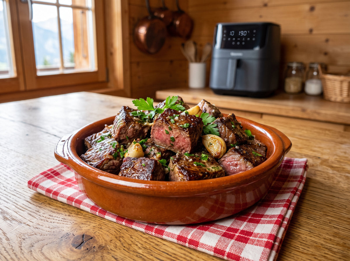 Steak Bites mit Knoblauchbutter aus dem Airfryer – angerichtet in einer Terrakotta-Form, im Hintergrund eine Heißluftfritteuse