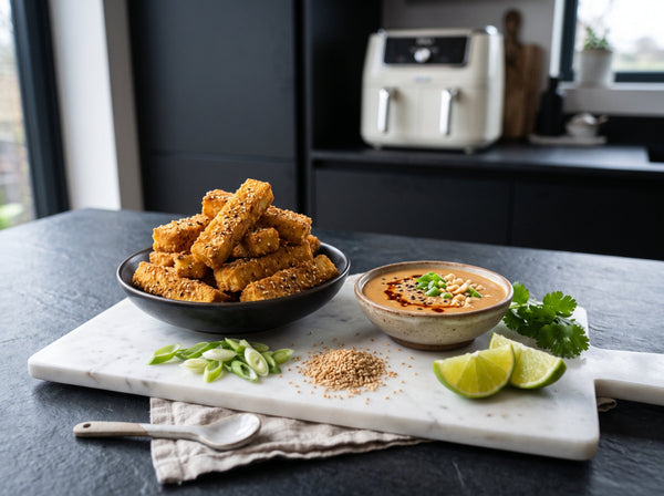 Knusprige Tofu-Sticks mit Erdnussdip aus dem Airfryer in 12 Min