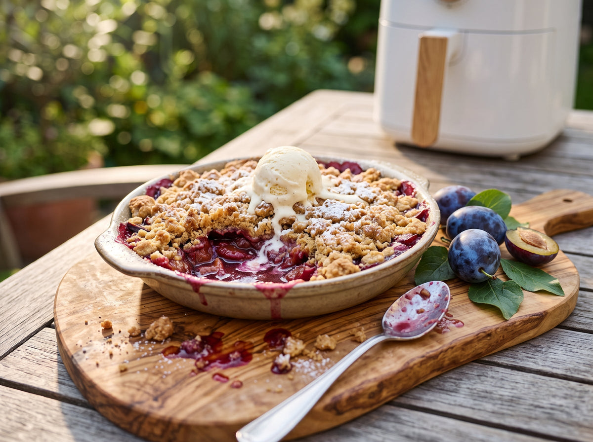 Zwetschgen-Streusel-Crumble aus dem Airfryer – angerichtet auf einem Olivenholz-Servierbrett, im Hintergrund eine Heißluftfritteuse