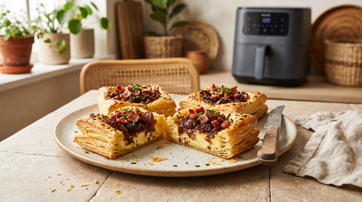 Zwiebelkuchen-Quadrate mit Speck und Kümmel aus dem Airfryer – angerichtet auf einem handgemachten Steinzeugteller, im Hintergrund eine Heißluftfritteuse