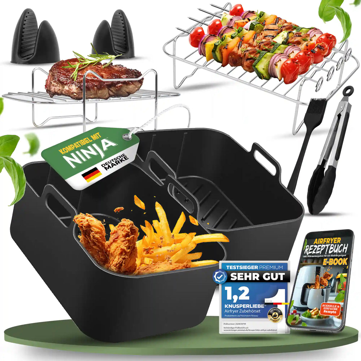 XL Zubehör-Set für Ninja Foodi Dual Zone 12-teilig in Schwarz: Silikonform, Grillroste, Spieße, Zange, Pinsel, Ofenhandschuhe und Rezept-E-Book
