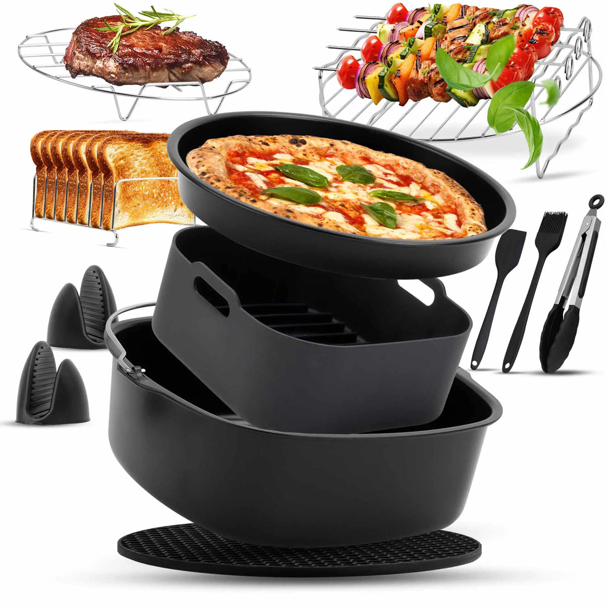 XXL Zubehör-Set für Heißluftfritteuse 16-teilig in Schwarz: Silikonformen, Pizzapfanne, Grillroste, Spieße, Toastständer, Zange und Ofenhandschuhe