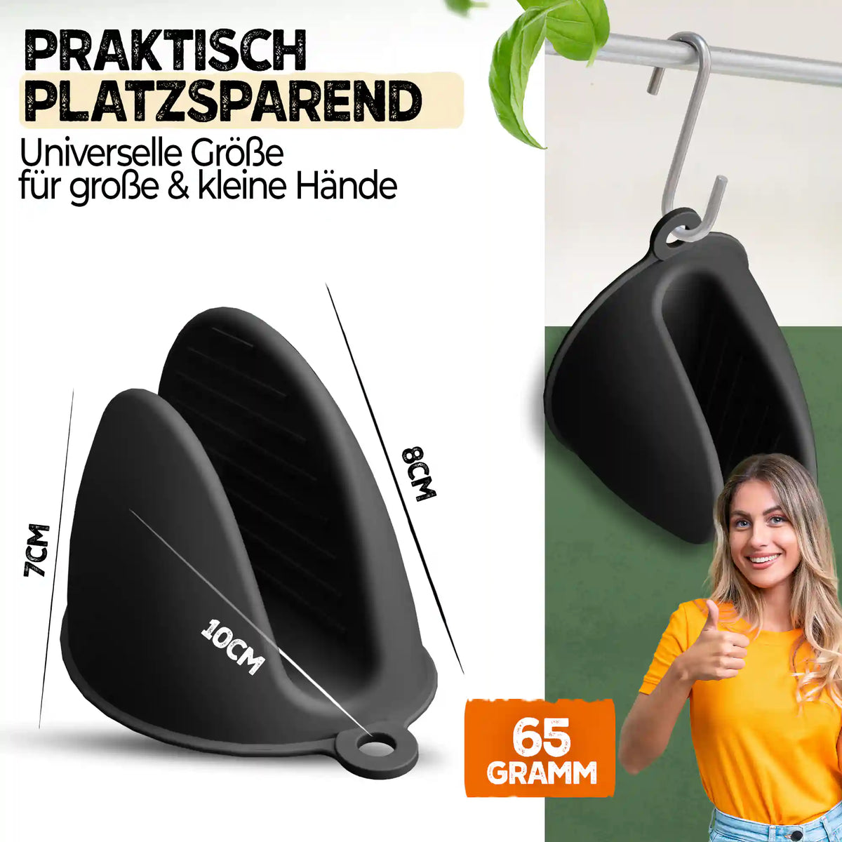 KNUSPERLIEBE Ofenhandschuhe: platzsparend, Maße und 65 g Gewicht