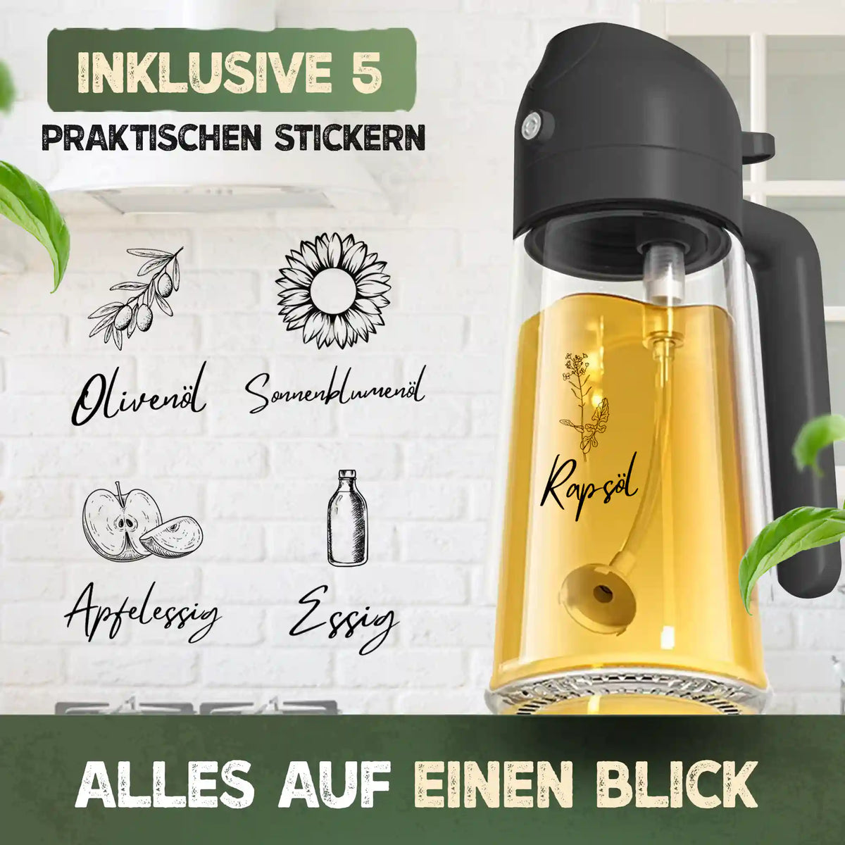 KNUSPERLIEBE Ölsprüher mit Rapsöl und 5 Stickern für Olivenöl, Sonnenblumenöl, Apfelessig und Essig