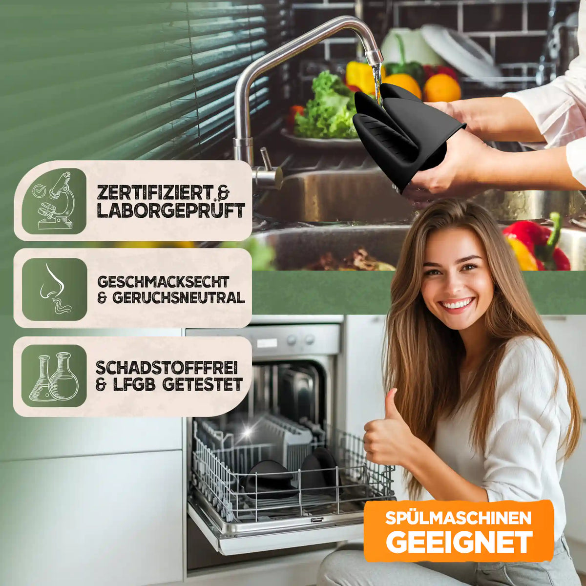 KNUSPERLIEBE Ofenhandschuhe: zertifiziert und spülmaschinengeeignet
