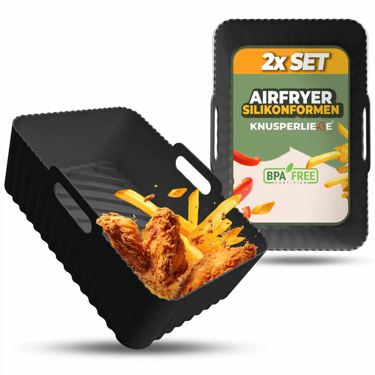 2er Set Silikonformen für Dual Zone Airfryer in Midnight Black mit Pommes und Chicken Wings