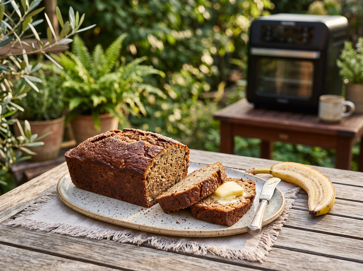 Saftiges Banana Bread aus dem Airfryer, angeschnitten – angerichtet auf einer Keramikplatte, im Hintergrund eine Heißluftfritteuse